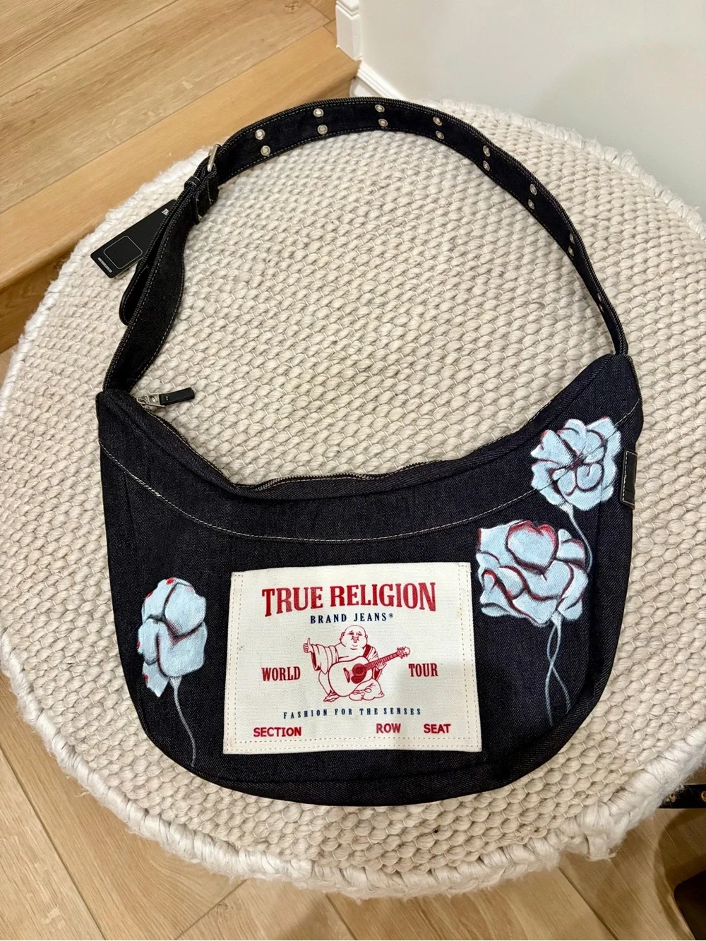 Hand Painted Black Denim True Religion Hobo Bag